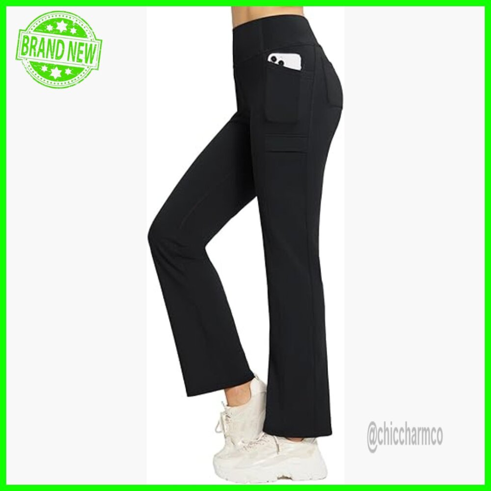 Fleece Lined High Waist Straight Leg Yoga Pants with 6 Pockets Thermal Winter